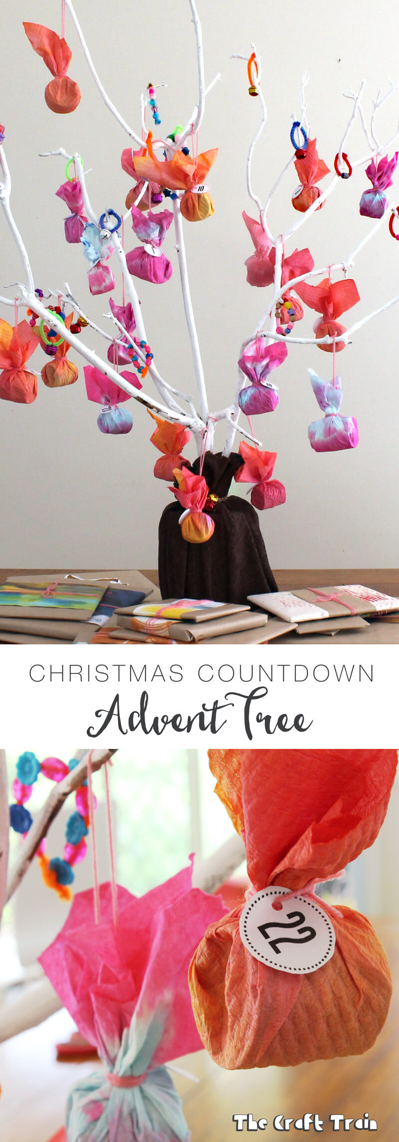 Advent tree calendar made from tie-dyed paper towel and painted branches. We also put a Christmas book advent calendar underneath