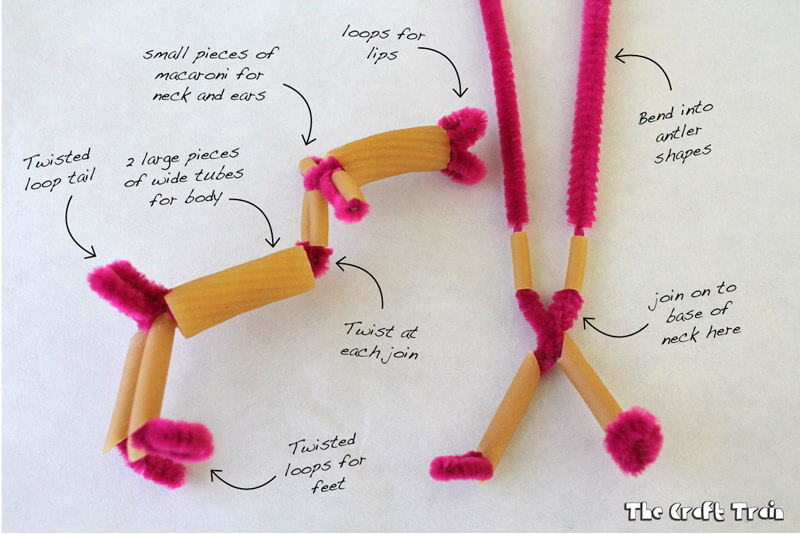 Create cute reindeer sculptures using pipe cleaners and pasta