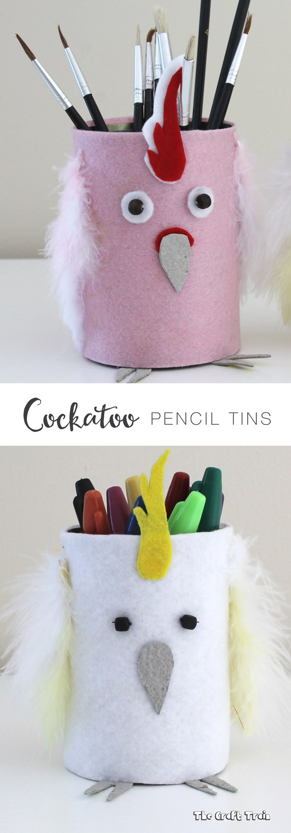 Create a cockatoo pencil tin using a repurposed tin can. This is a fun Australian animal themed craft for kids