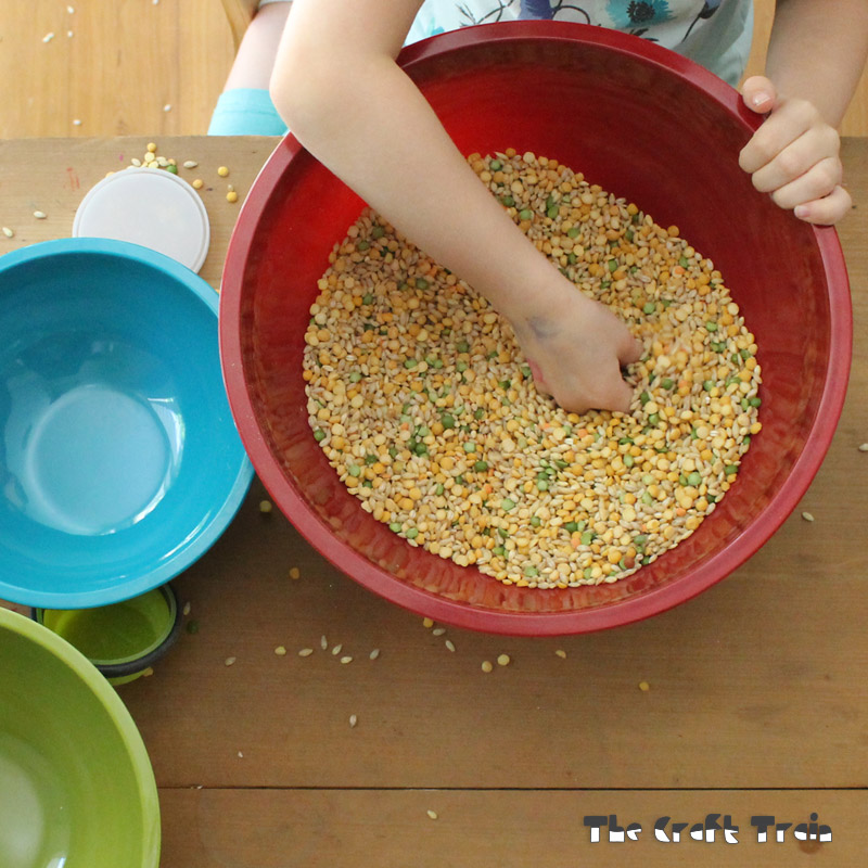 Scoop and pour soup mix messy play