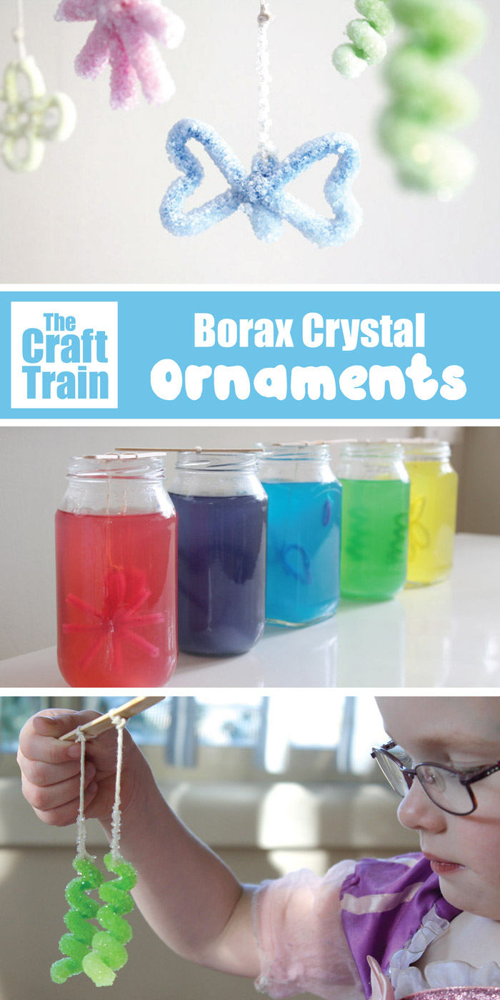 How to make borax crystal ornaments. This is a fun, simple science activity or STEM craft idea for kids. #borax #boraxcrystals #scienceforkids #stem #stemcrafts #steam #crystalmaking #crystals #science #thecrafttrain
