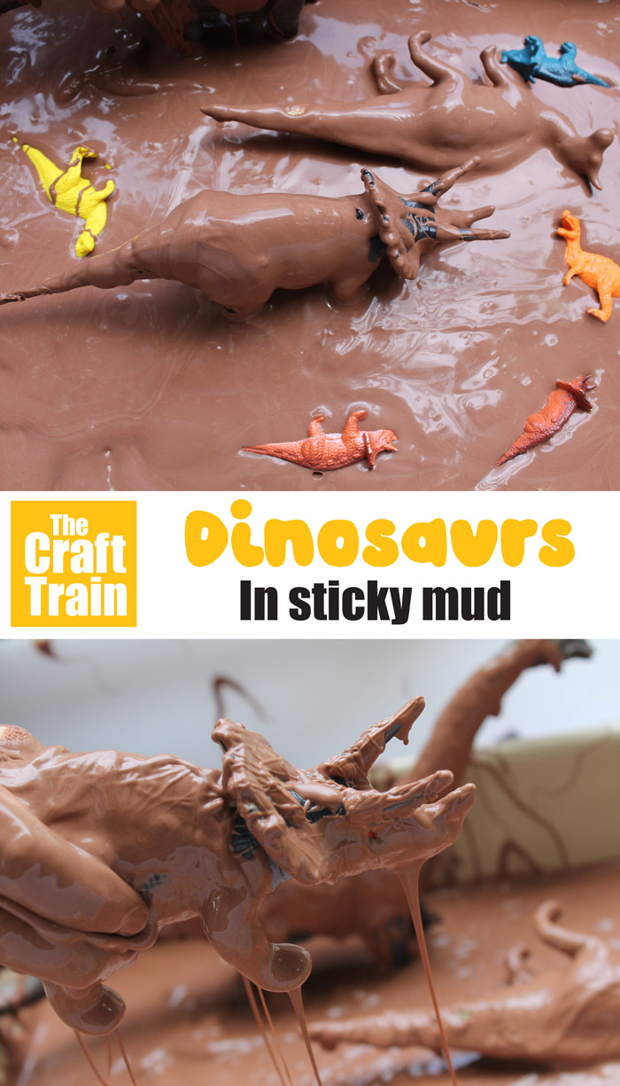 Dinosaurs in Sticky mud messy play activity for kids