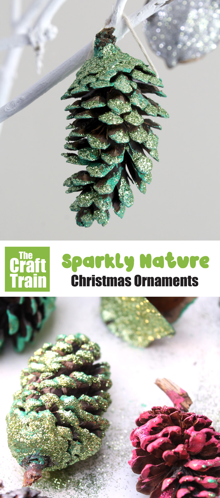Glitter pine cones for Christmas crafting, a fun and easy CHristmas nature craft for kids