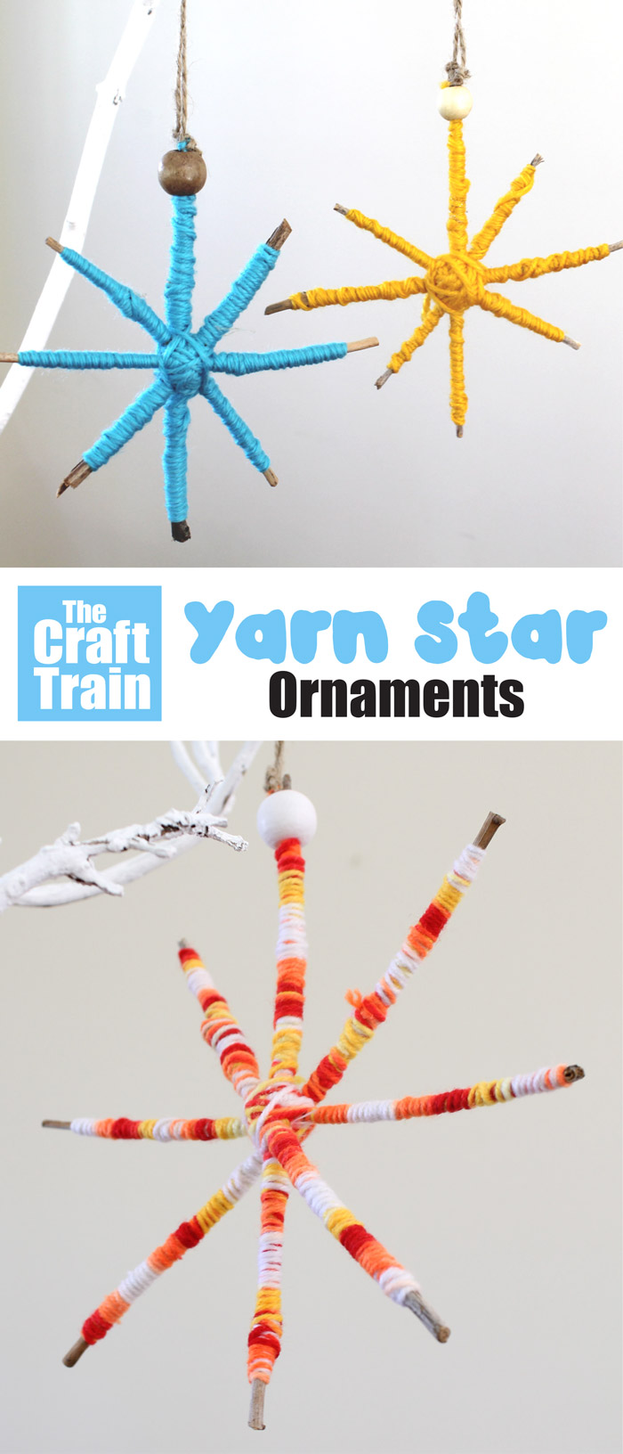 Yarn star ornaments made from garden twigs wrapped in yarn – souch a simple and eco-friendly Christmas craft for kids #yarn #Christmas #kidscrafts