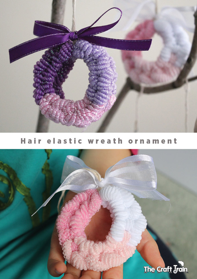 Hair elastic wreath ornament made using a basic loom band technique