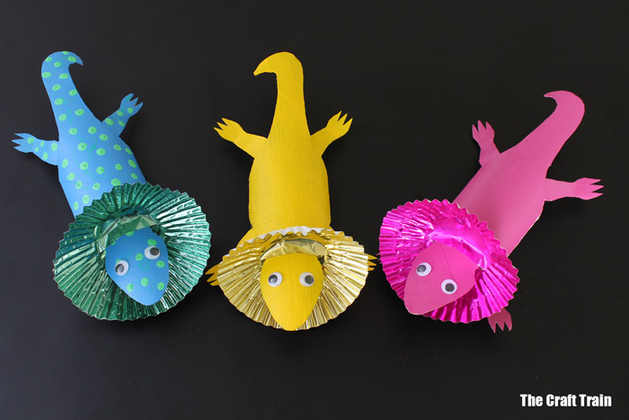 frilled neck lizards made from paper rolls and cupcake liners