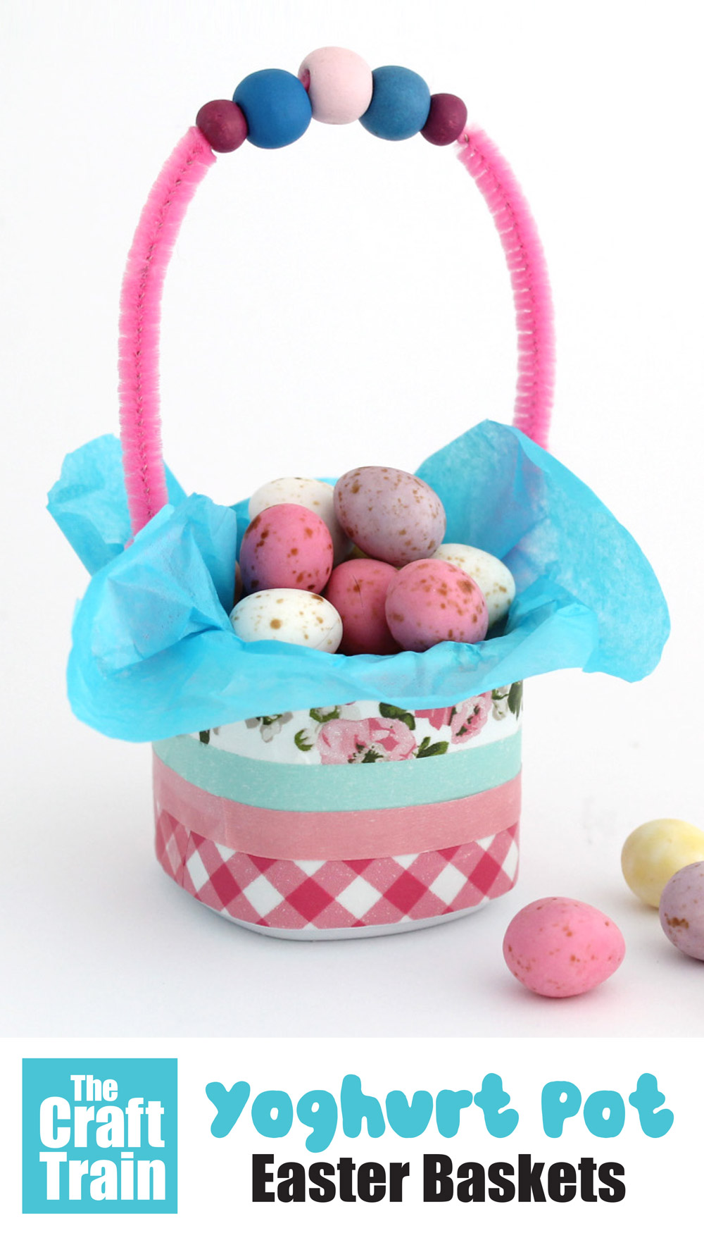 yoghurt tub easter basket upcycling craft. Decorate the yoghurt tub with washi tape