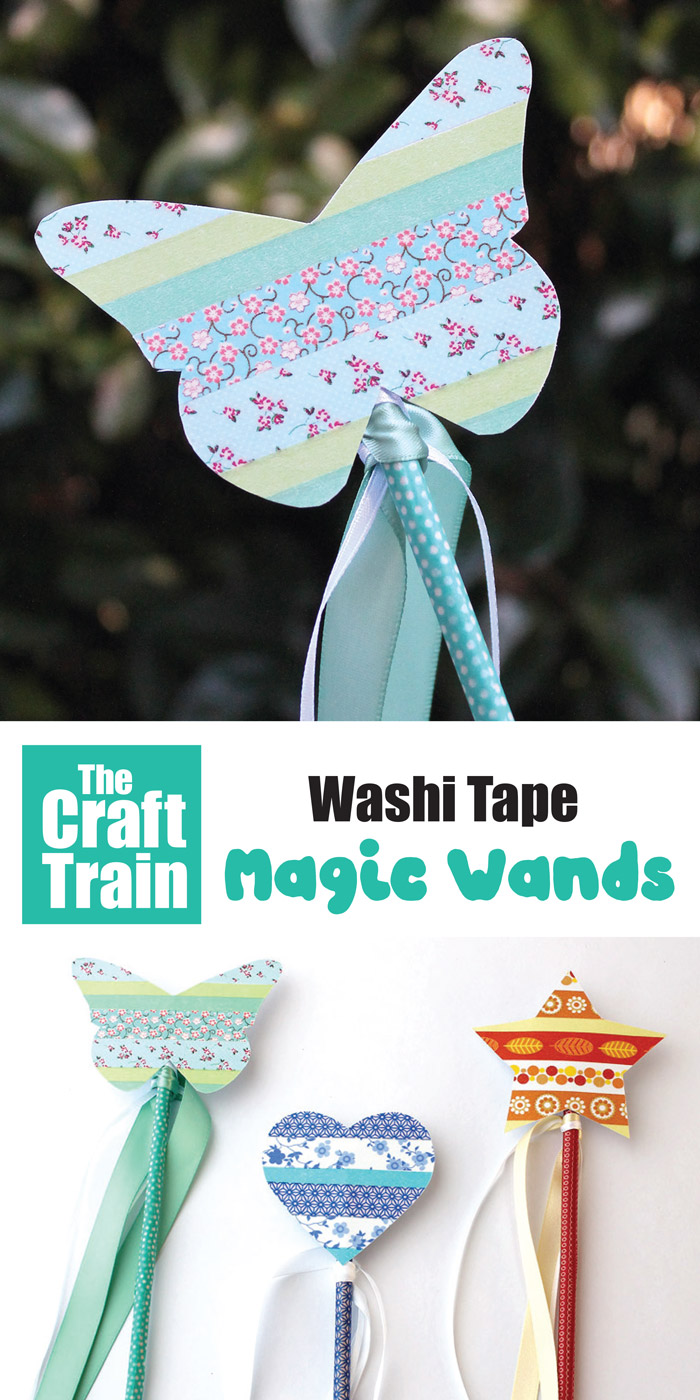 Magic wands to inspire imaginary play made from washi tape and papre. These are so simple, quick and fun to create! Get the printable template on the blog #washitape #fairies #magicwand #pretendplay #imaginaryplay #kidscrafts #papercrafts #thecrafttrain #diywand