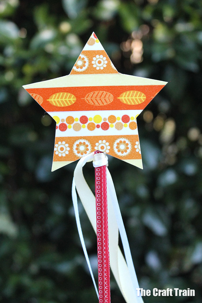 Easy star shaped magic wand DIY for fairy dress ups made using a printable template with washi tape decorations