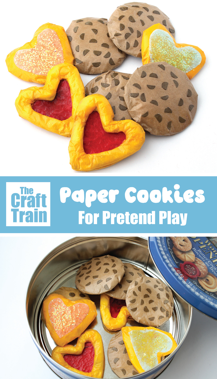 Make some paper cookies for pretend play. This is a cute DIY toy to make for preschoolers – they can help to make and decorate them! #preschool #pretendplay #playfood #teaparites #diytoy #thecrafttrain