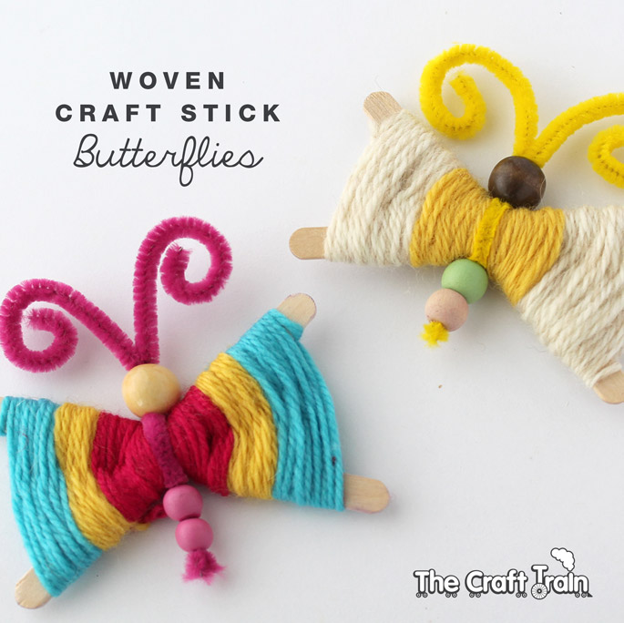 Create colourful butterflies by weaving yarn around craft sticks
