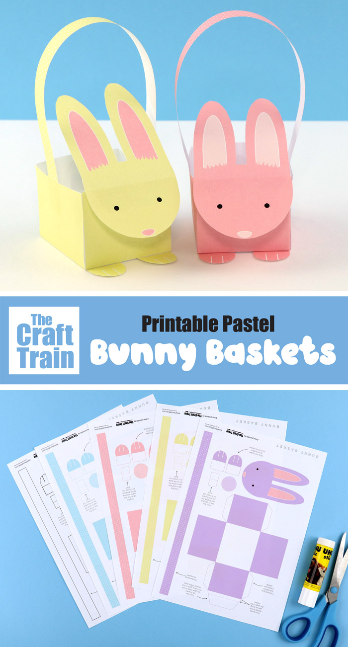 Printable Easter bunny baskets in pastel shades. Free template including a black and white line art version