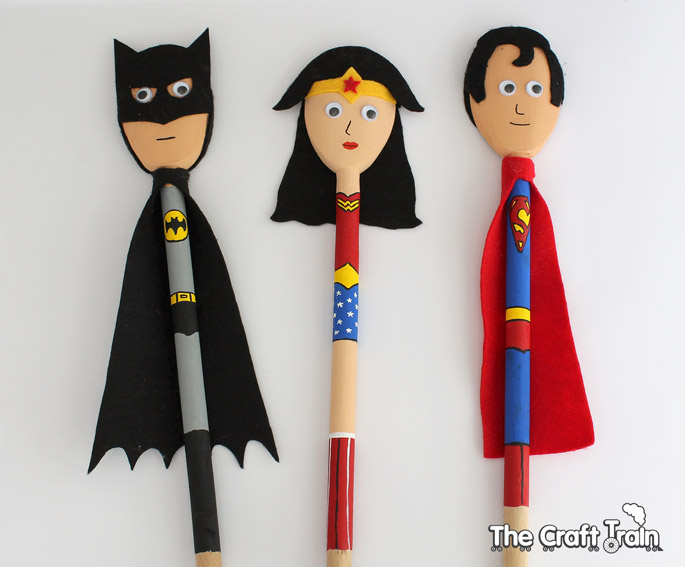 Super Hero Spoon Puppets using wooden spoons – created to look like Batman, Wonder Woman and Superman