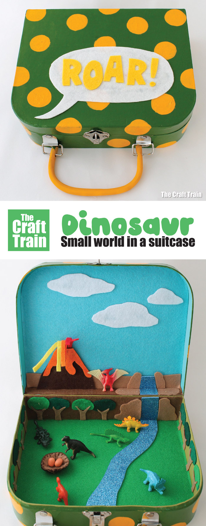 How to make a dinosaur small world in a suitcase. This is a great DIY toy to spark imaginary play and can be useful for long car trips or playing on the go #dinosaur #kidscraft #smallworld #handmadegifts #diytoys #suitcasecrafts #imaginaryplay