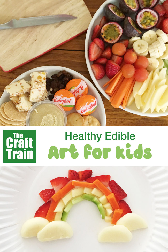 Healthy edible art activity for kids. This is a great way to encourage fussy eaters to touch and try new foods. Making art on their own plate is calming so picky eaters will be more open to trying new things. They end up with a fabulous and healthy artwork they can eat! #healthyeating #fussyeating #edibleart #kidsactivities #cookingwithkids #kidsfood