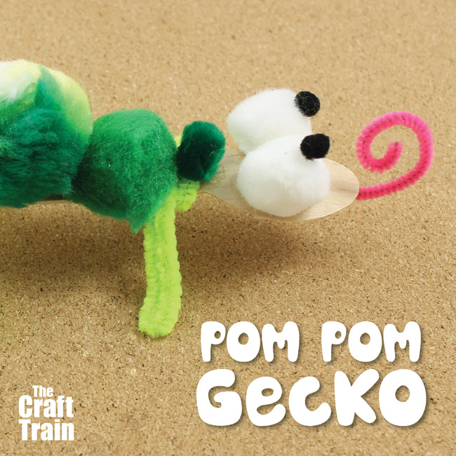 Pom pom gecko craft for kids, using wooden spoons and pipe cleaners #animalcrafts #gecko #kidscraft #kidsactivity #reptiles #pompoms