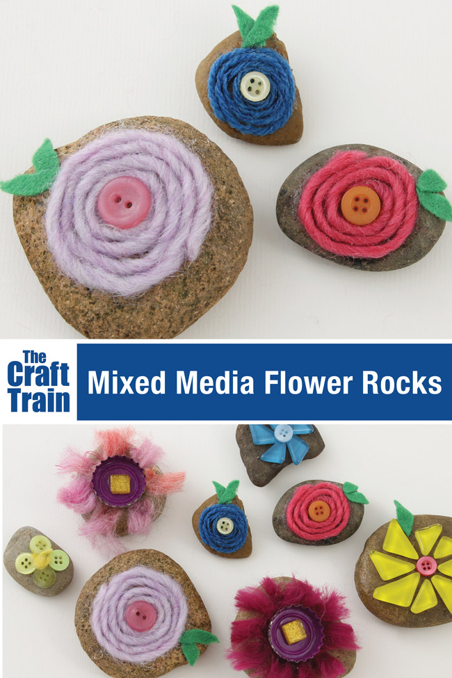 used mixed media to create pretty flower rocks. We have used yarn, buttons, mosaic tiles and felt. THese make a sweet hand made gift or paperweight. #rockcraft #rocks #rockart #flowers #flowercrafts #spring