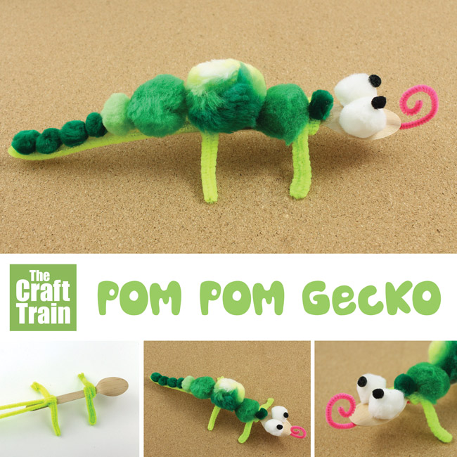 pom pom gecko craft for kids, using a wooden spoon for the body and pipe cleaners for the legs. This is a fun animal craft for kids! #pompoms #gecko #kidscrafts #kidsactivities #animalcraft #reptiles