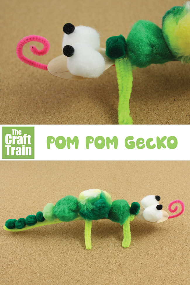 pom pom gecko craft for kids, using a wooden spoon for the body and pipe cleaners for the legs. This is a fun animal craft for kids! #pompoms #gecko #kidscrafts #kidsactivities #animalcraft #reptiles