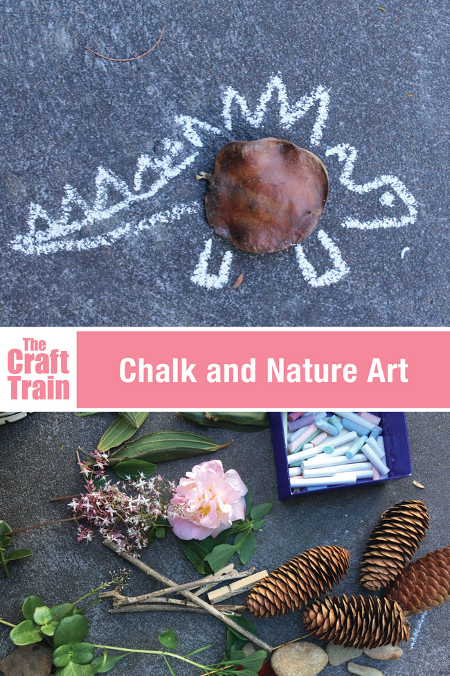 Create artworks outdoors with chalk and nature. This is a fun eco-craft idea for kids, and gets them outside being creative #chalk #sidewalkchalk #nature #naturecraft #kidsactivity #processart #kidsart
