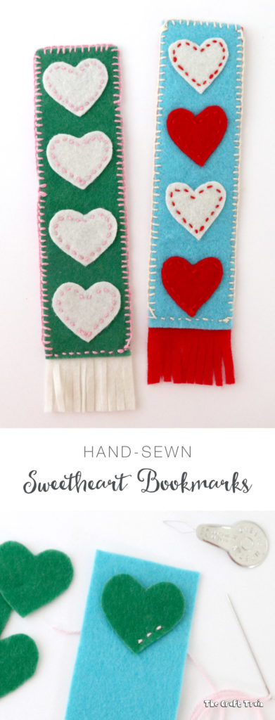 Create a sweet hand-sewn bookmark from felt. This makes an adorable kid-made gift or Valentines Day craft for kids.