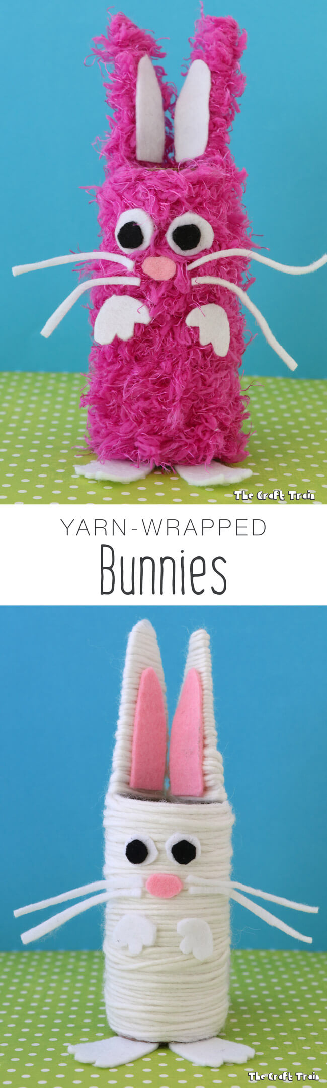 Create some cute yarn-wrapped bunnies using cardboard tubes for Easter