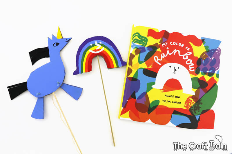 Create a rainbow flip and galloping unicorn puppet to go along with the story 'My Color is Rainbow'
