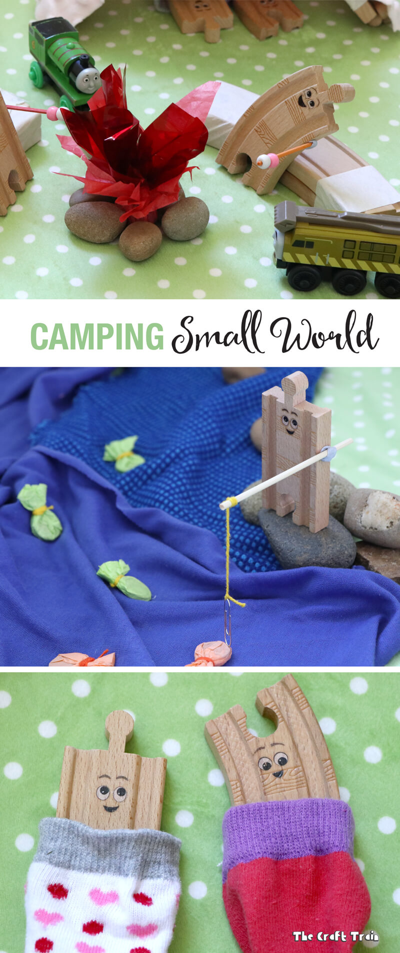 DIY camping small world for creative play. Includes magnet fish, a train-track frame tent and a crackling campfire complete with marshmallows on sticks. This has been inspired by the book 'Old Tracks New Tricks' by Jessica Peterson. 