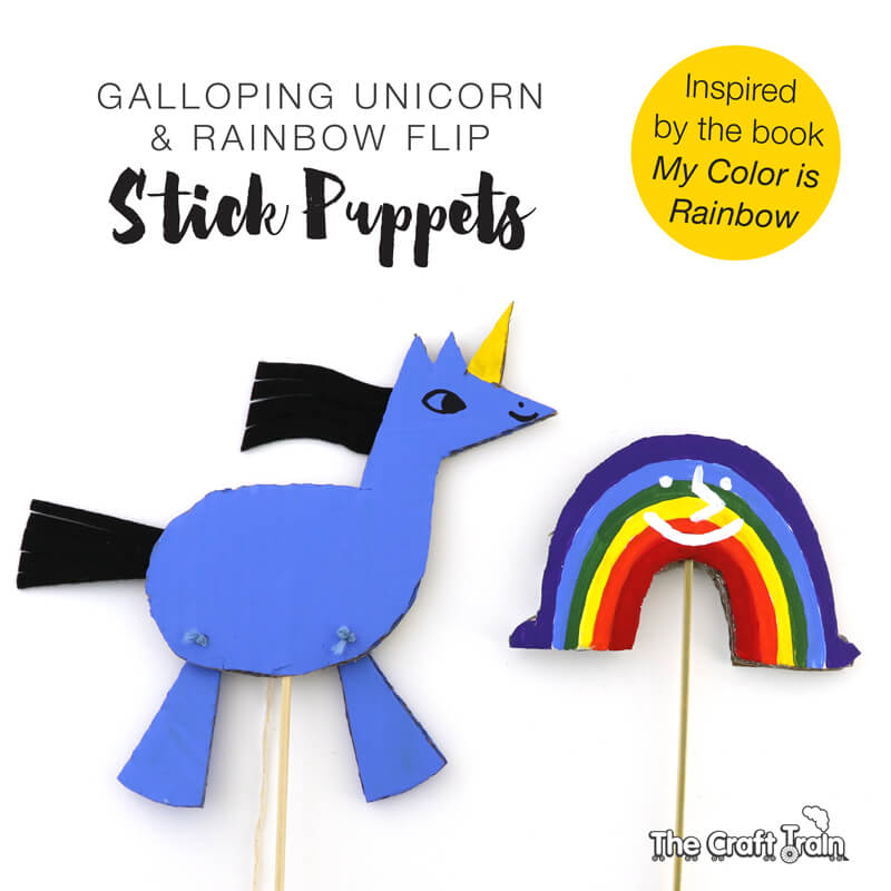 Create the adorable rainbow and unicorn characters from 'My Color is Rainbow' as stick puppets