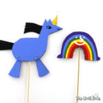 Rainbow and unicorn stick puppets based on characters from the story 'My Color is Rainbow'