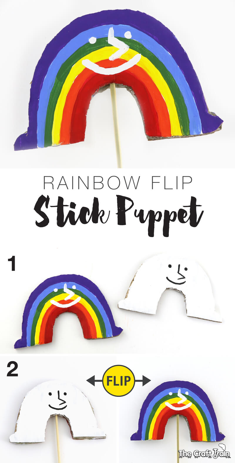 Create the character Little White Arch from the book My color is Rainbow as a stick pupet. This is a fun craft for kids using recycled cardboard.