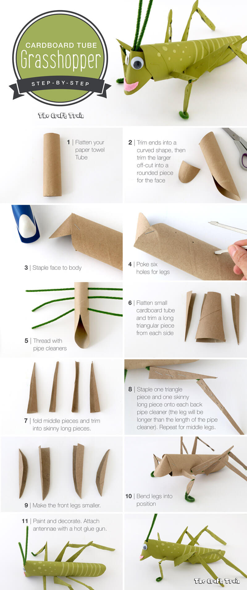 Step-by-step instructions on how to make a cardboard tube grasshopper. This is a fun craft for kids using recyclables.