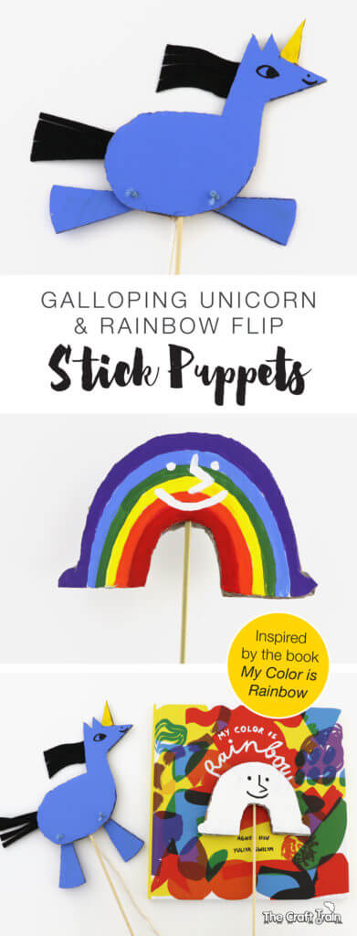 Make the adorable characters from the story 'My Color is Rainbow' into puppets. The unicorn can 'gallop' when it's string is pulled and the rainbow flips to change it's colour