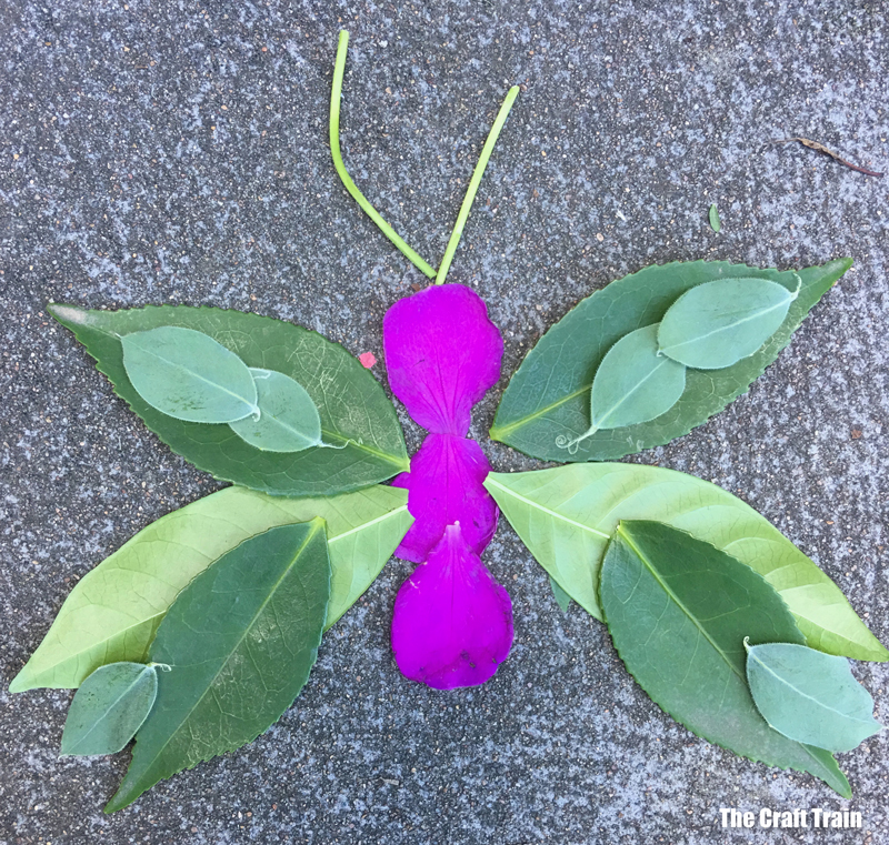 leaf and petal butterfly, a fun nature art idea for kids