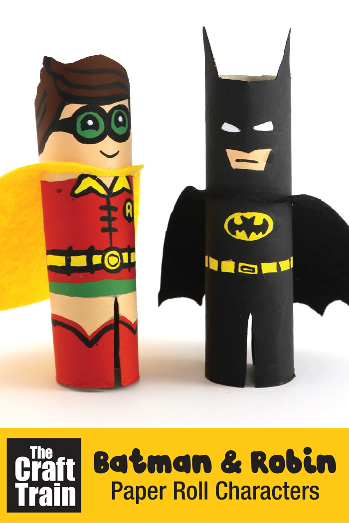 Batman and Robin paper roll craft characters. Full tutorial with step by step photos on how to make these cute characters based on the Lego Batman Movie #batman #kidscraft #legobatman #superheroes #batmanandrobin #paperrolls #cardboardcreations #kidscrafts