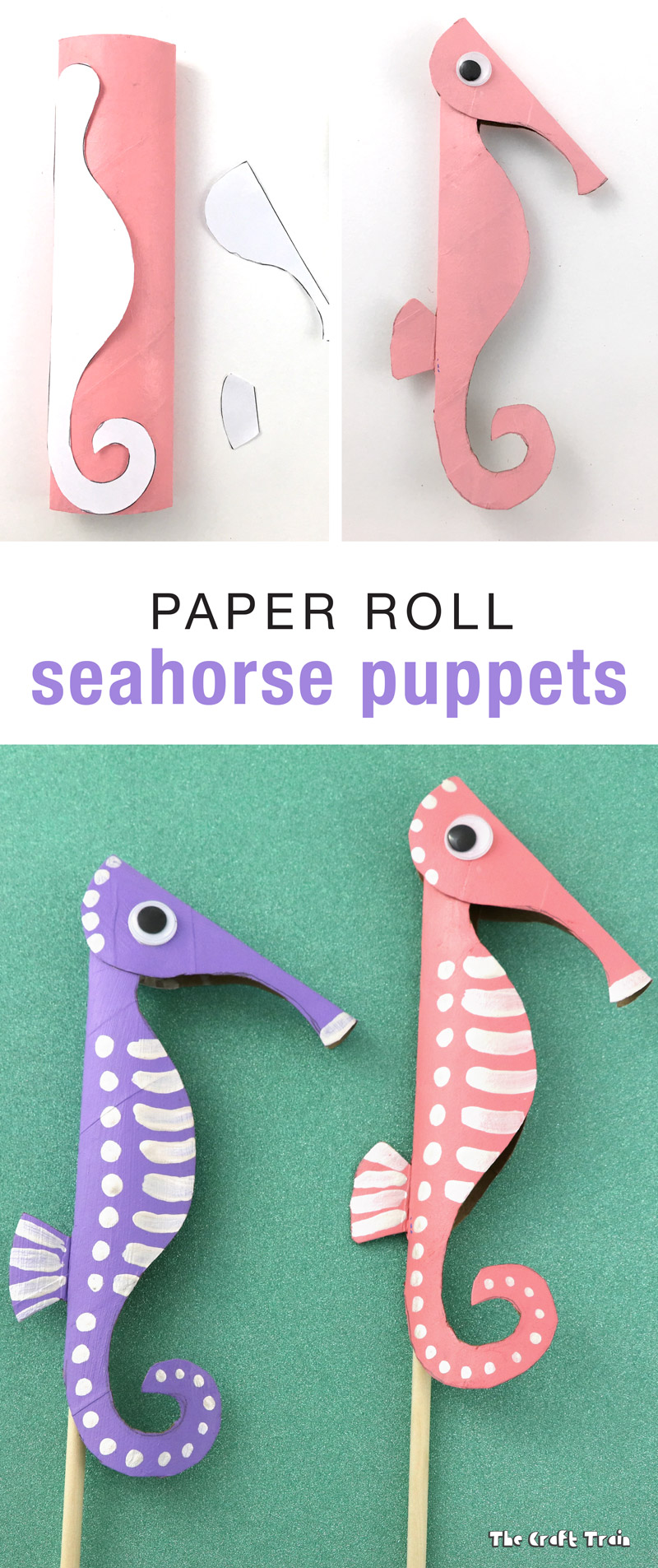 Create adorable seahorse puppets from paper rolls using a flatten and cut technique