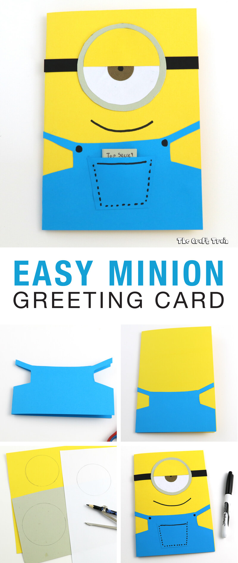 Use construction paper to create a simple Minion greeting card in 10 minutes. This one is a birthday card but it would also make a good fathers day (or any occasion!) card