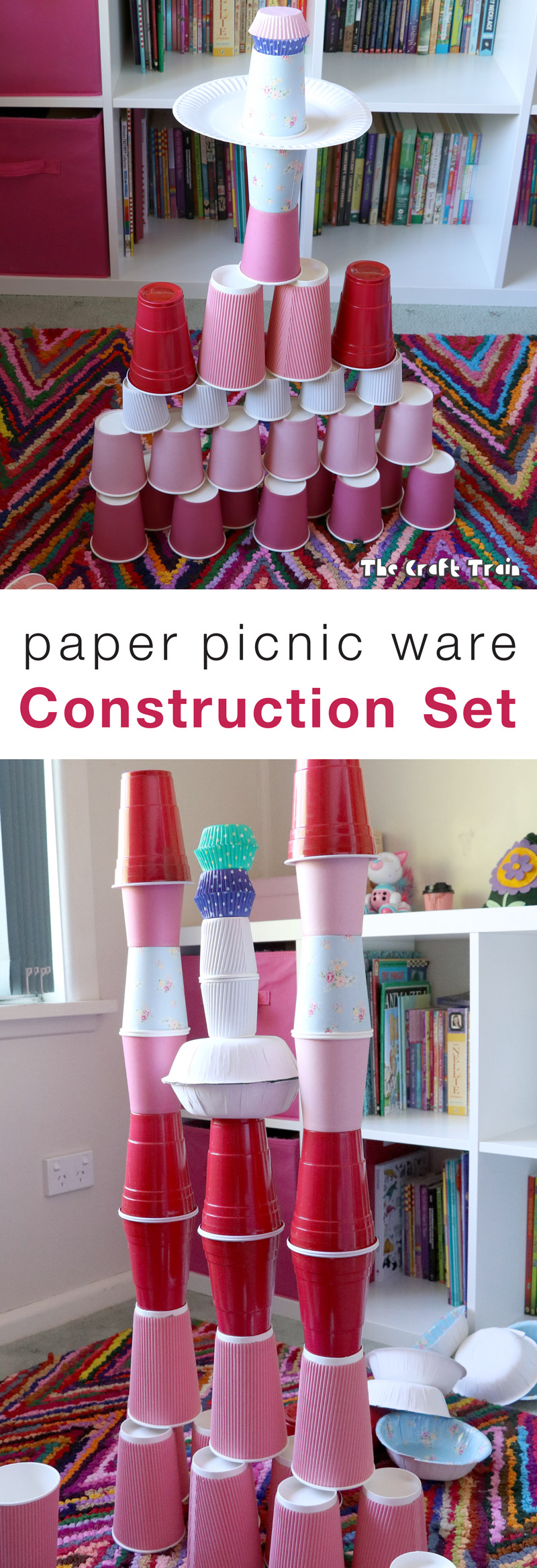 Make a construction set using paper picnic ware like cups, plates and cupcake liners