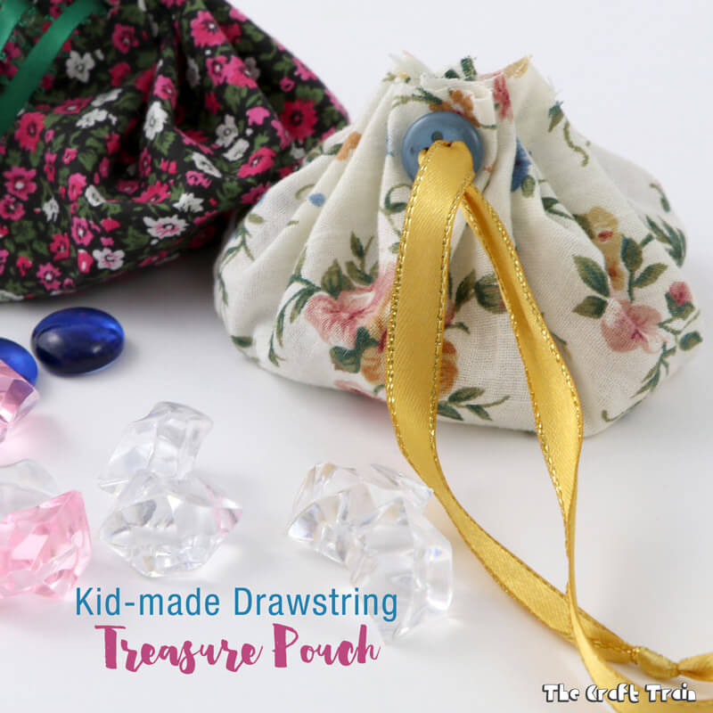 Easy drawstring treasure pouch for kids from the book: Make in a day crafts for kids, by Cintia Gonzalez