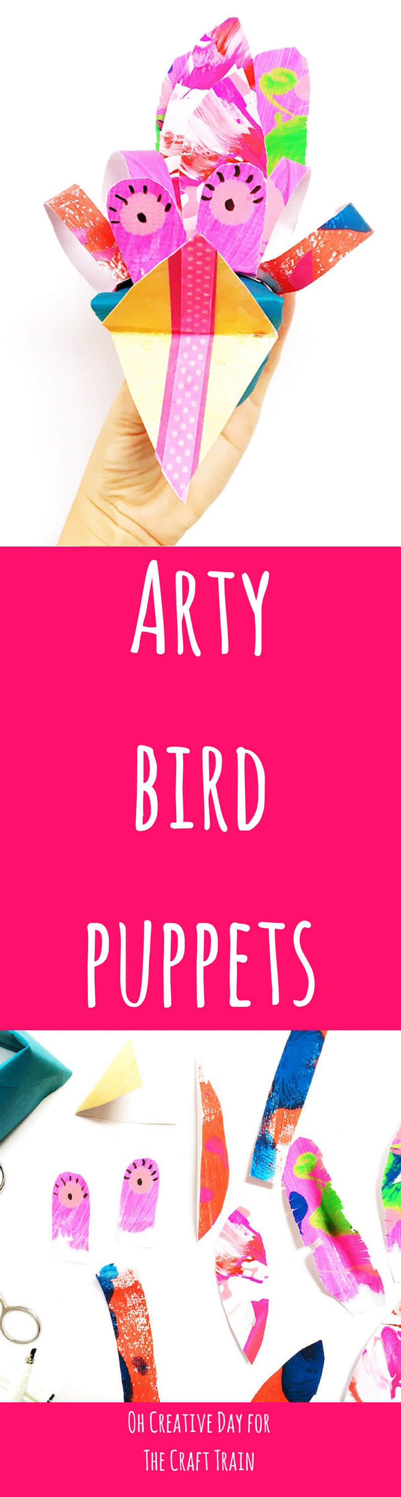 Arty bird puppets - make use of old artwork with this adorable paper bird puppet craft!