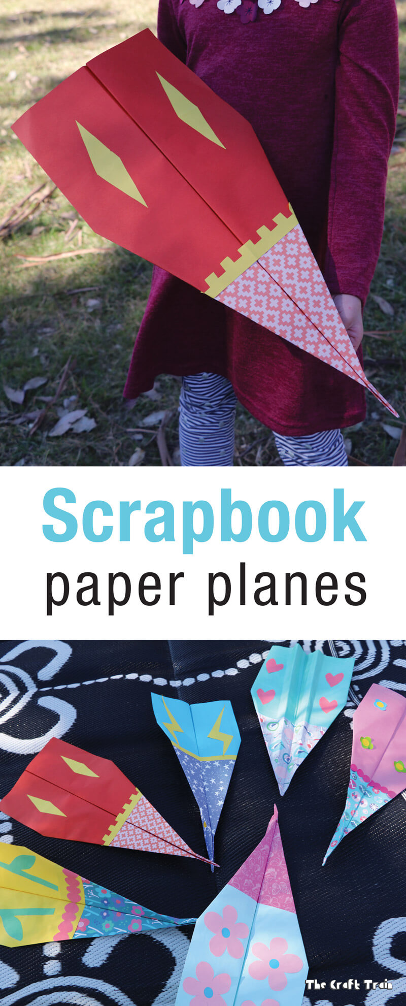 Make scrapbook paper planes and fly them outdoors! This is a fun STEM or STEAM craft for kids with a creative twist on the original paper plane. #paperplane #papercraft #kidscraft #outdoorideas #kidsactivities #scrapbookpaper #STEM #STEAM