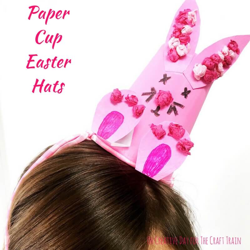 Here is an easy Easter hat craft idea - paper cup hats. These would be perfect for an Easter hat parade, so cute and easy! #eastercraft #Easter #easterhat #kidscraft #spring #papercraft #bunny #chickcraft 