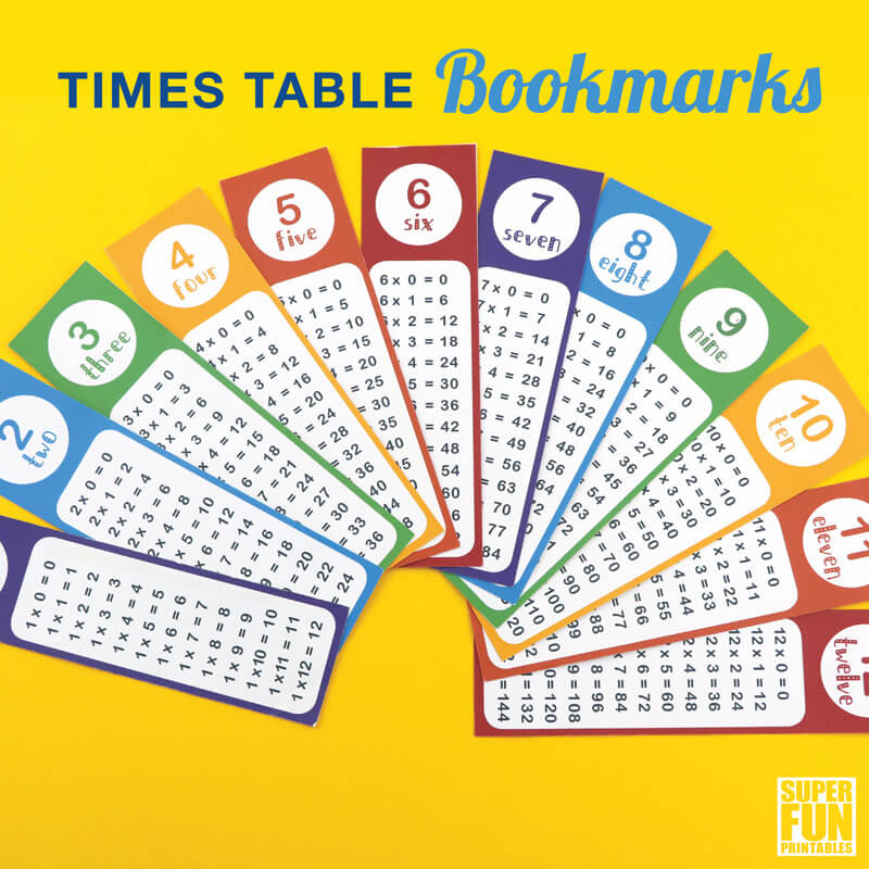 Times table bookmarks - practice and memorise times tables by reading them before you read your favourite book! A printable set which can be used as either a wall poster or cut into strips and used as bookmarks #multiplication #math #timestables #learningactivities