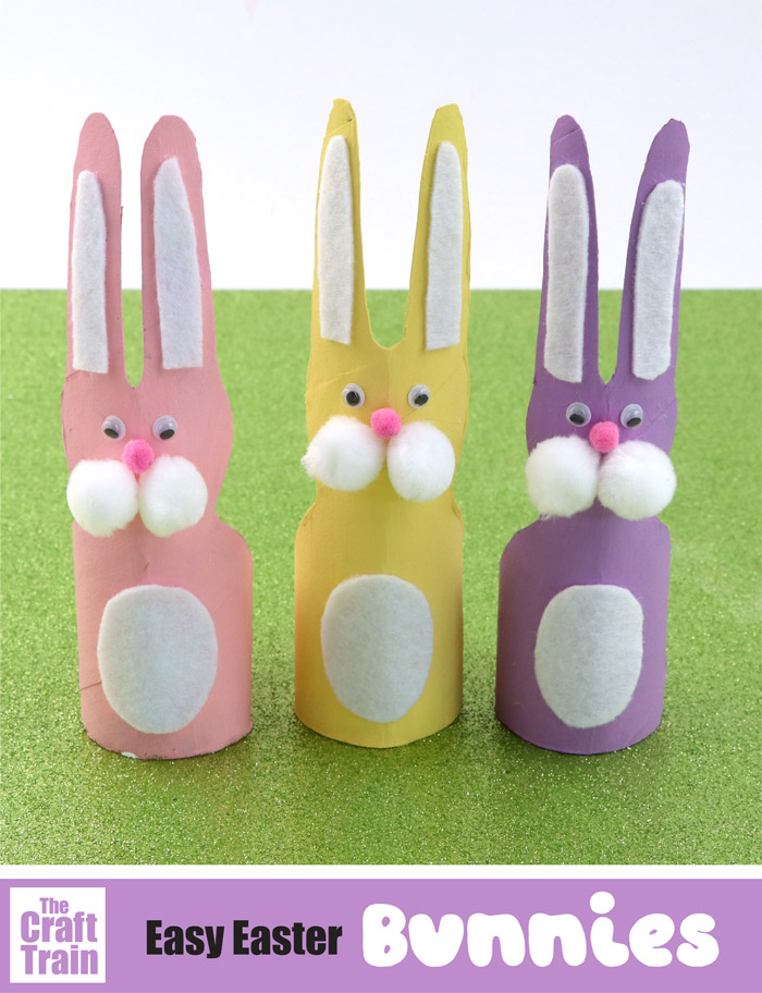 Cute Easter bunny craft for kids made from a paper roll with free printable template