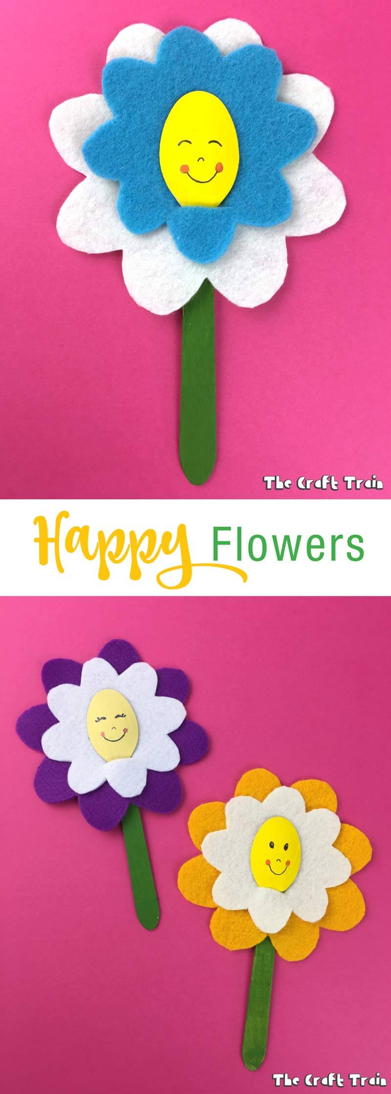 Happy flower craft idea for kids. Easy to make felt flower petals with a wooden spoon stem. This would make a sweet kid-made mothers day gift idea, and is a fun Spring craft idea for kids #flowercraft #springcraft #felt #spooncraft #mothersday