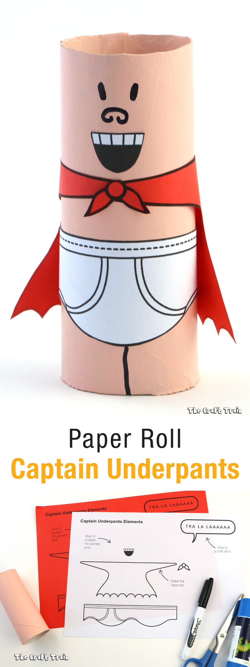 Captain underpants craft fro kids. Make a paper roll Captain Underpants! #paperrollcraft #kidscraft #superheroes #captainunderpants 