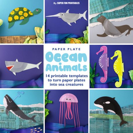 14 paper plate ocean animal crafts for kids. This ebook contains the printable templates to transform paper plates into 14 different sea creatures along with interesting non fiction facts about each one. Kids will gain an appreciation of our sea life, learning about ocean animals and also making an eye-catching craft which can be hung on the wall #oceananimals #kidscrafts #paperplates #paperplatecrafts