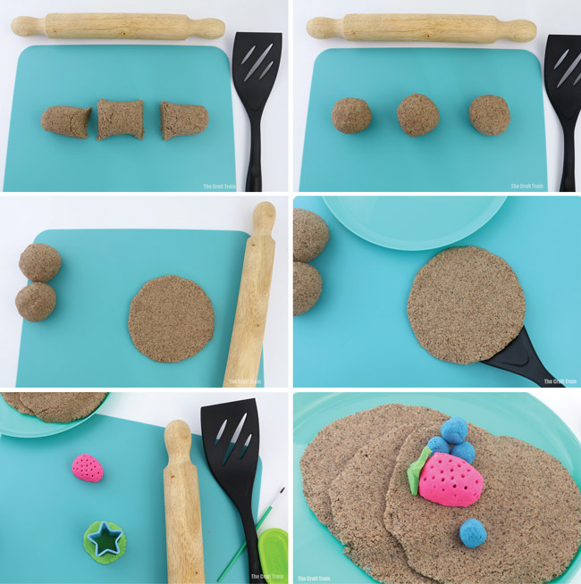 Use kinetic sand to create pretend play pancakes which stick together. This is a fun sensory play idea for kids #kineticsand #sandplay #pretendplay #kidsactivities #playfood #sensoryplay #sponsored