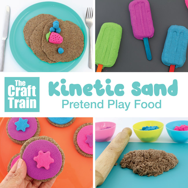 Fun pretend play food from kinetic sand. Kinetic sand is moldable and sticks together so you can roll it, pat it and create cookies, pancakes and ice blocks with it #playfood #pretendplay #kineticsand #sensoryplay #sponsored