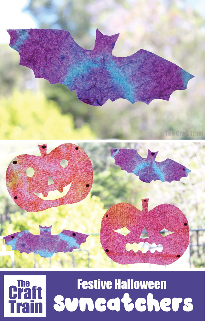 Festive Halloween suncatcher craft made from paper towels. Create bats and pupmkins from decorated paper towel to hang in your windows on Halloween #halloweencraft #kidscrafts #papertowel #halloweendecor #batcraft #pumpkincraft #bat #pumpkin